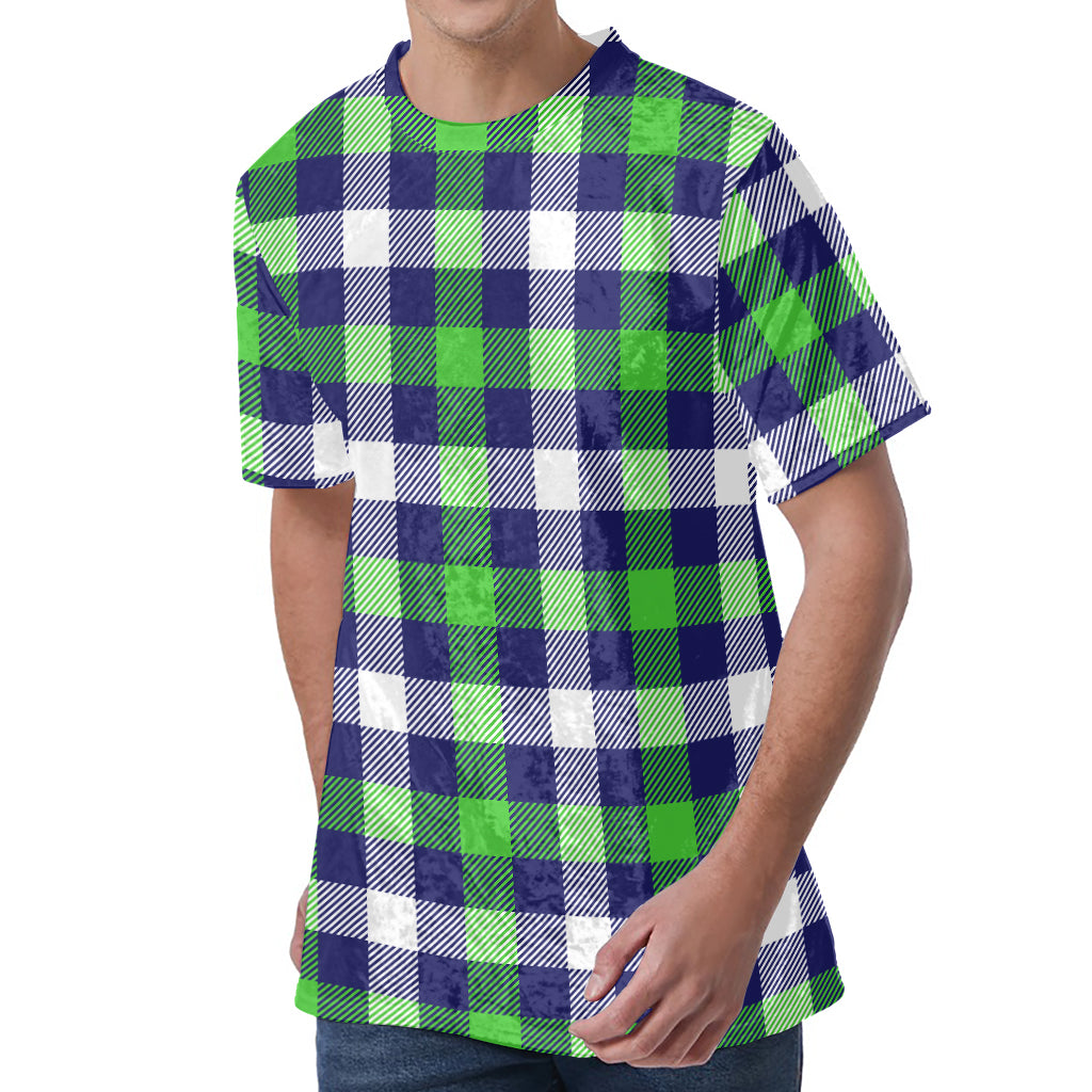 Green Blue And White Buffalo Plaid Print Men's Velvet T-Shirt