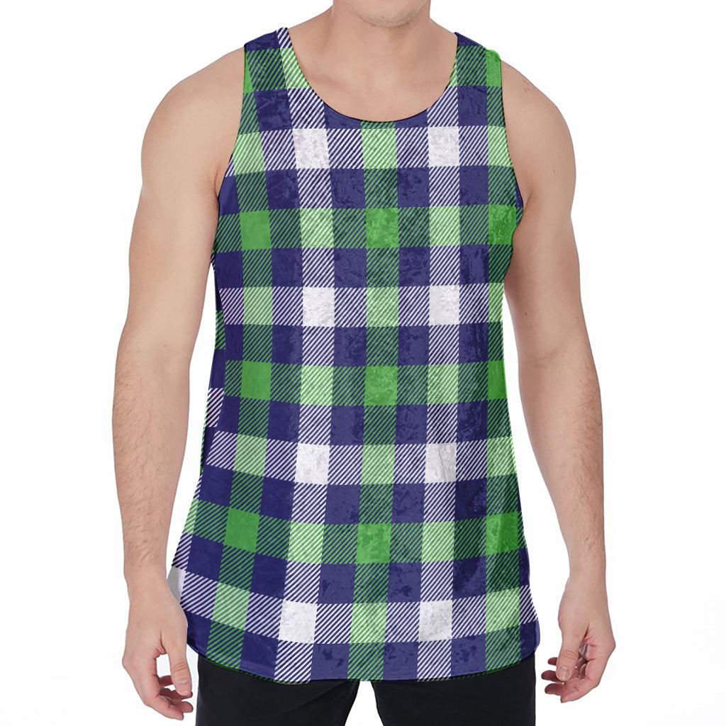 Green Blue And White Buffalo Plaid Print Men's Velvet Tank Top