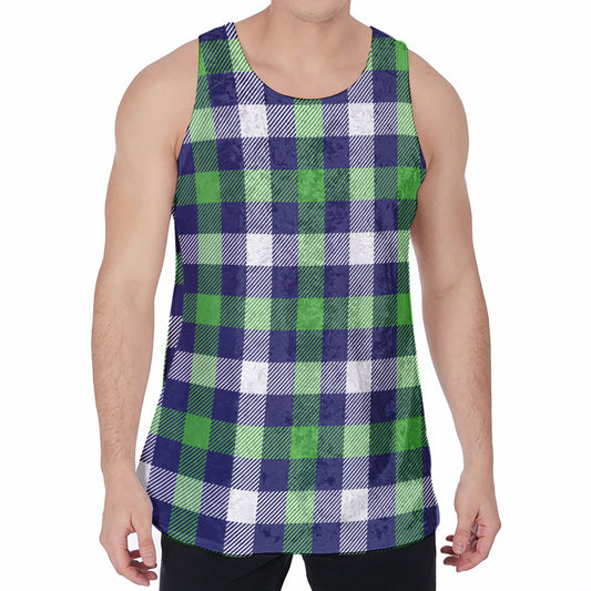 Green Blue And White Buffalo Plaid Print Men's Velvet Tank Top
