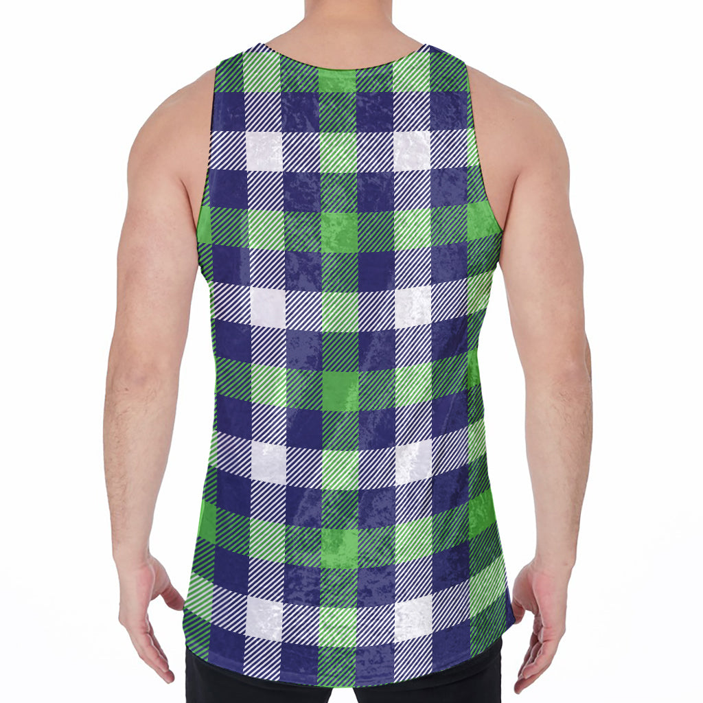 Green Blue And White Buffalo Plaid Print Men's Velvet Tank Top