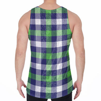 Green Blue And White Buffalo Plaid Print Men's Velvet Tank Top