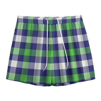 Green Blue And White Buffalo Plaid Print Mesh Shorts
