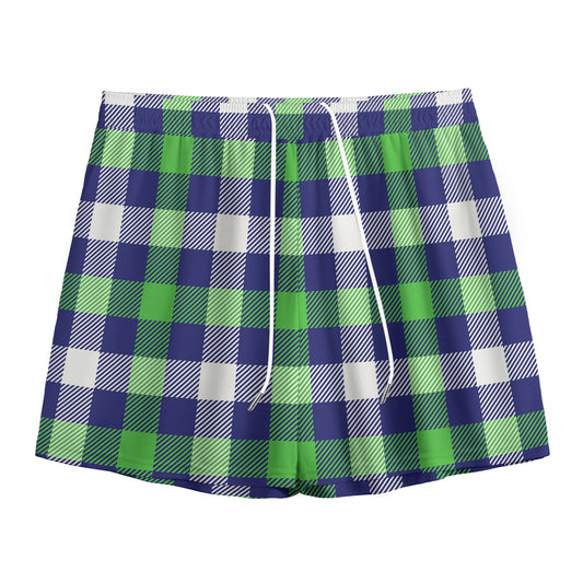 Green Blue And White Buffalo Plaid Print Mesh Shorts