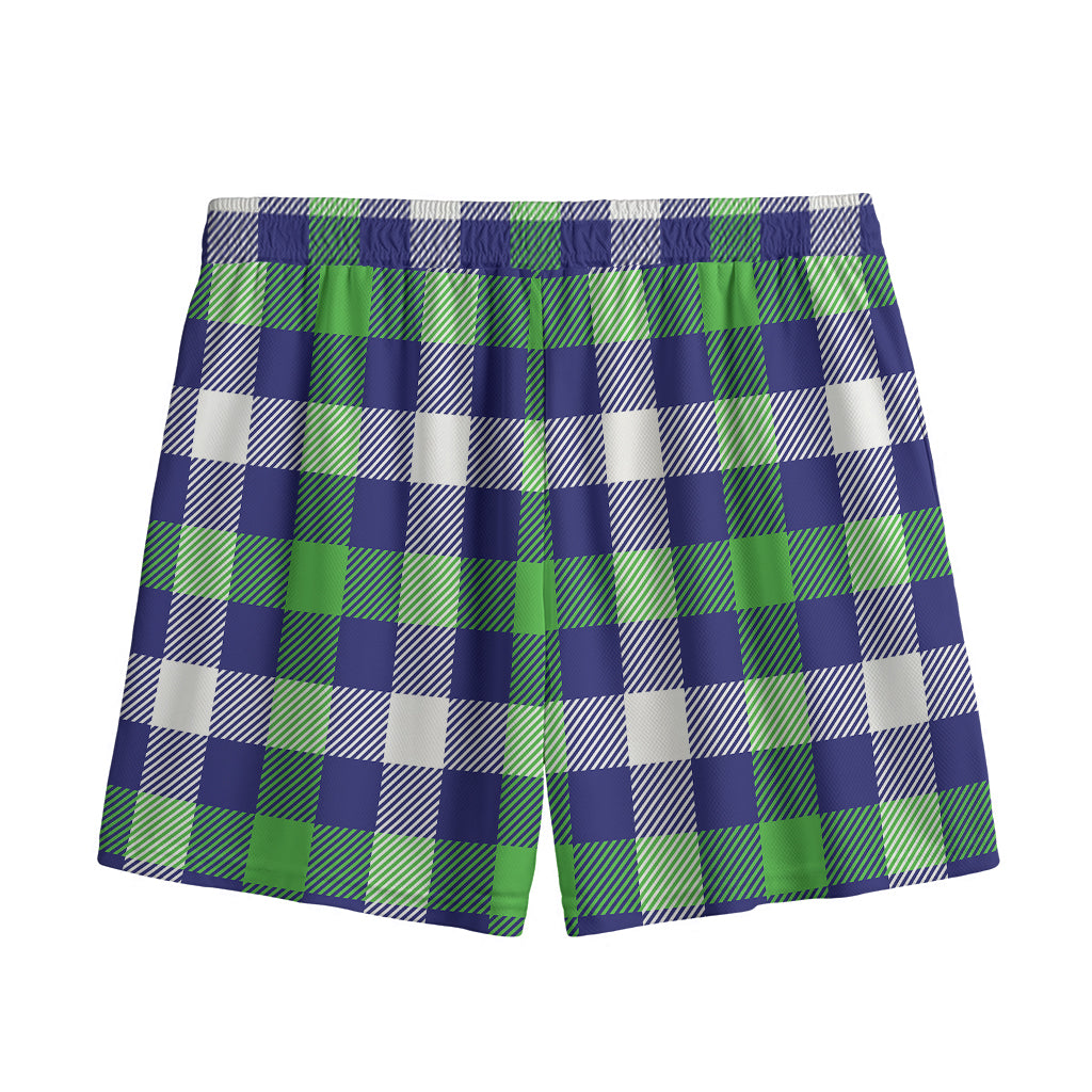Green Blue And White Buffalo Plaid Print Mesh Shorts