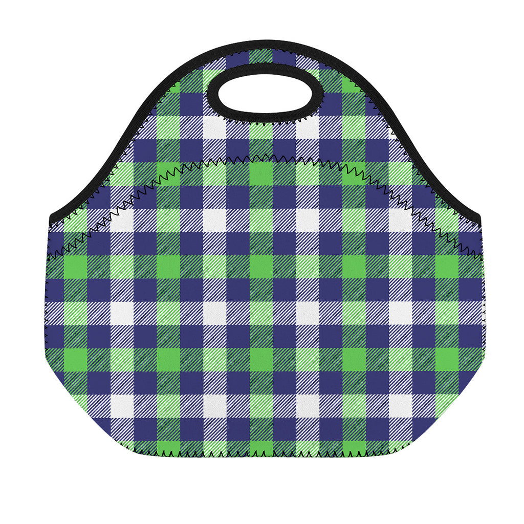 Green Blue And White Buffalo Plaid Print Neoprene Lunch Bag