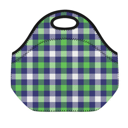 Green Blue And White Buffalo Plaid Print Neoprene Lunch Bag