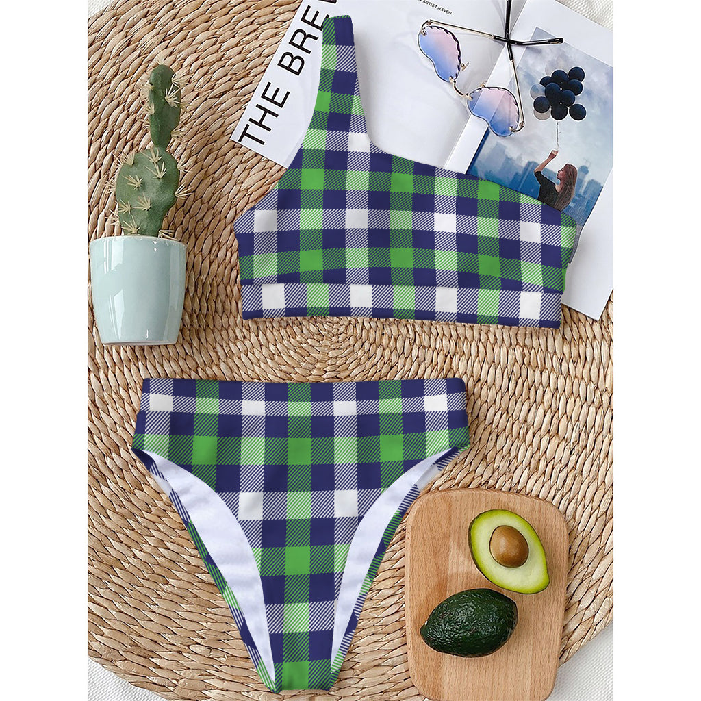Green Blue And White Buffalo Plaid Print One Shoulder Bikini Top