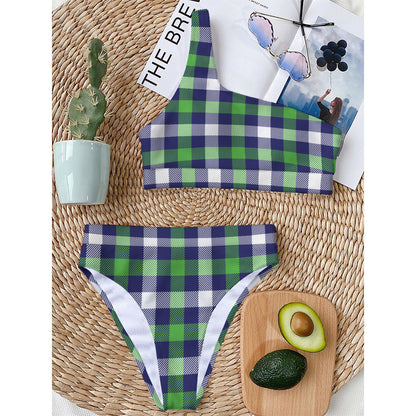 Green Blue And White Buffalo Plaid Print One Shoulder Bikini Top