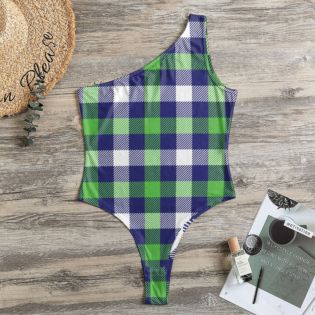 Green Blue And White Buffalo Plaid Print One Shoulder Bodysuit
