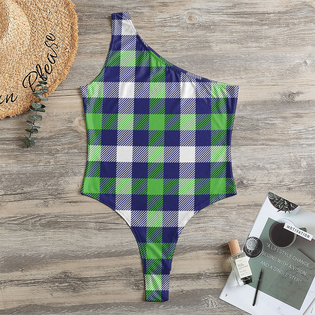 Green Blue And White Buffalo Plaid Print One Shoulder Bodysuit