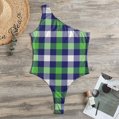 Green Blue And White Buffalo Plaid Print One Shoulder Bodysuit