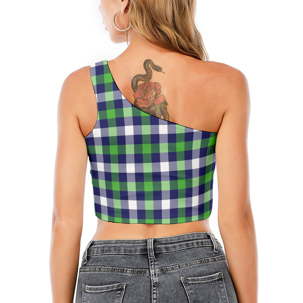 Green Blue And White Buffalo Plaid Print One Shoulder Crop Top