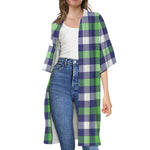 Green Blue And White Buffalo Plaid Print Open Front Beach Cover Up
