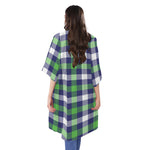 Green Blue And White Buffalo Plaid Print Open Front Beach Cover Up