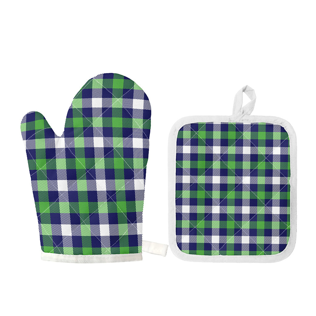 Green Blue And White Buffalo Plaid Print Oven Mitt And Pot Holder Set