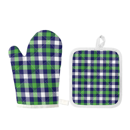 Green Blue And White Buffalo Plaid Print Oven Mitt And Pot Holder Set