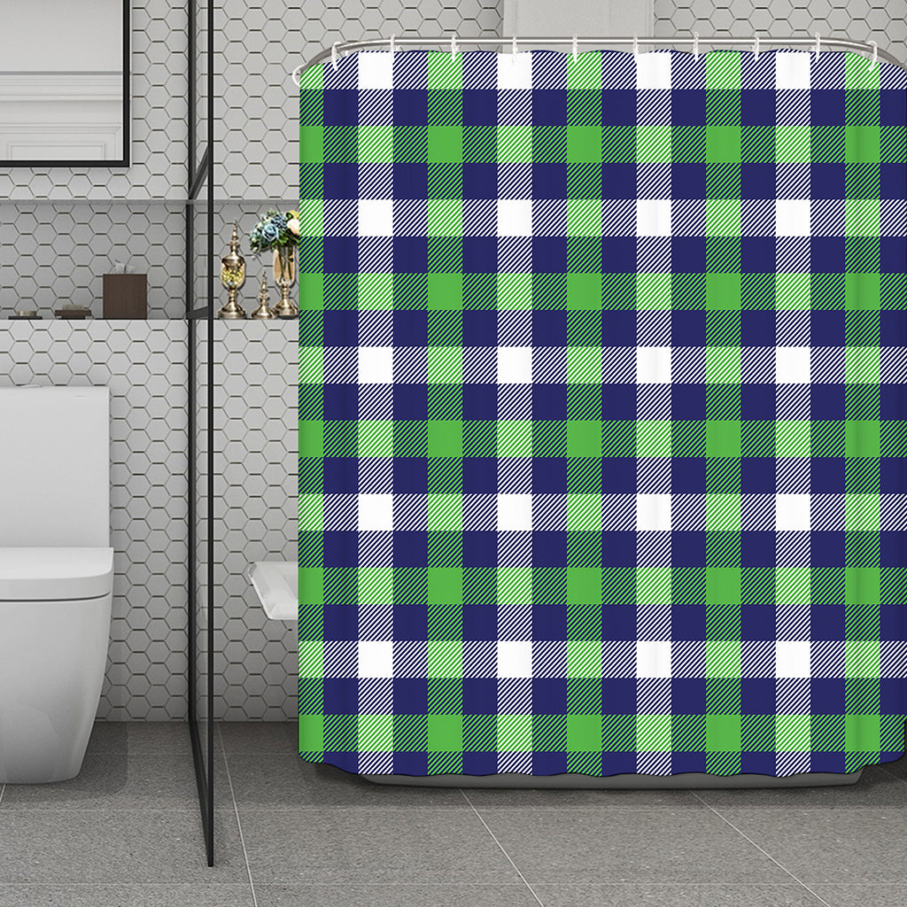 Green Blue And White Buffalo Plaid Print Polyester Shower Curtain