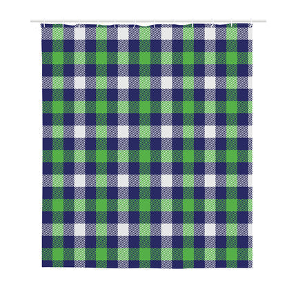 Green Blue And White Buffalo Plaid Print Polyester Shower Curtain
