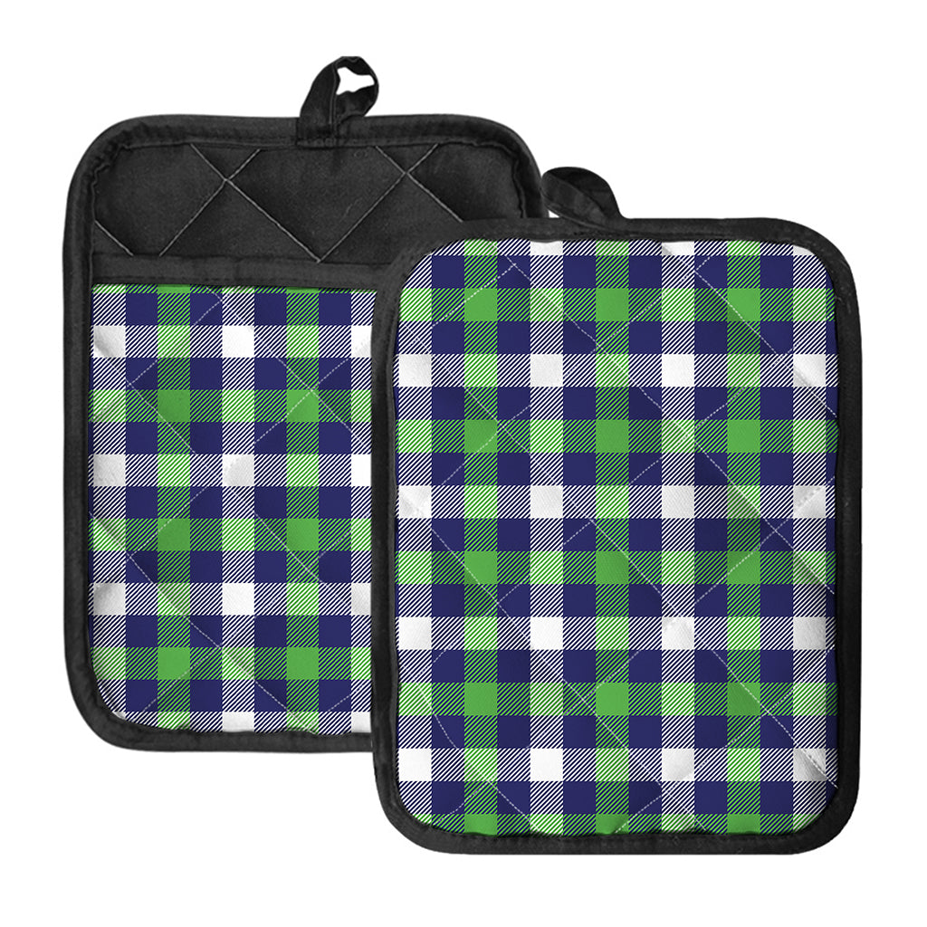Green Blue And White Buffalo Plaid Print Pot Holders With Pocket