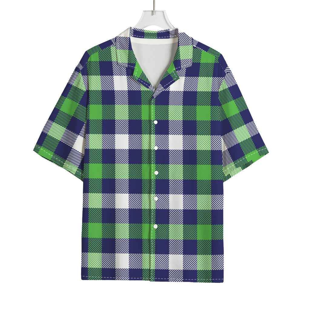 Green Blue And White Buffalo Plaid Print Rayon Hawaiian Shirt