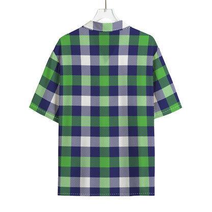 Green Blue And White Buffalo Plaid Print Rayon Hawaiian Shirt