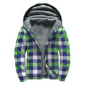Green Blue And White Buffalo Plaid Print Sherpa Lined Zip Up Hoodie