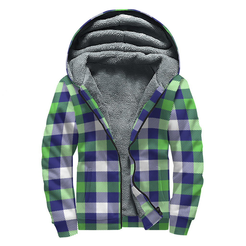 Green Blue And White Buffalo Plaid Print Sherpa Lined Zip Up Hoodie