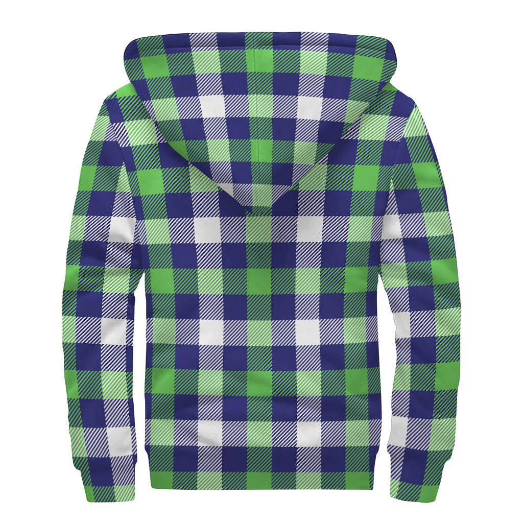 Green Blue And White Buffalo Plaid Print Sherpa Lined Zip Up Hoodie