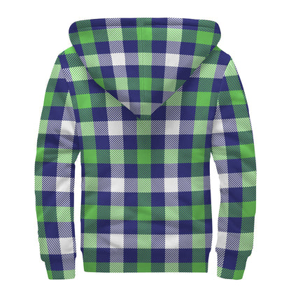 Green Blue And White Buffalo Plaid Print Sherpa Lined Zip Up Hoodie