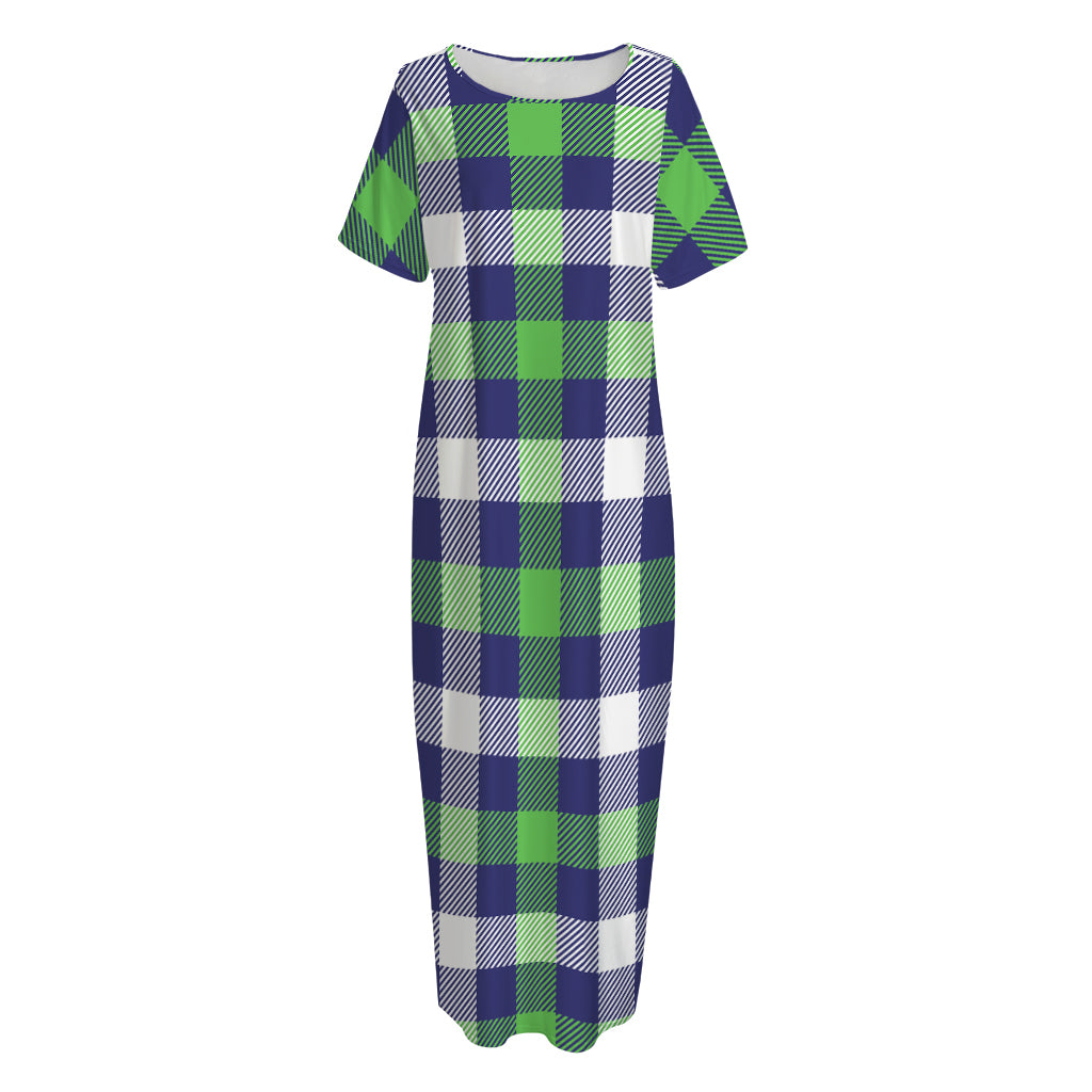Green Blue And White Buffalo Plaid Print Short Sleeve Long Nightdress