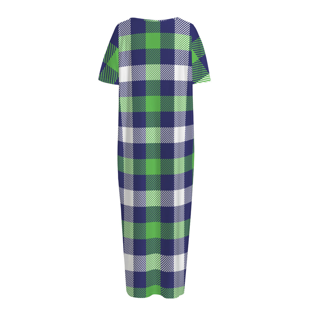 Green Blue And White Buffalo Plaid Print Short Sleeve Long Nightdress