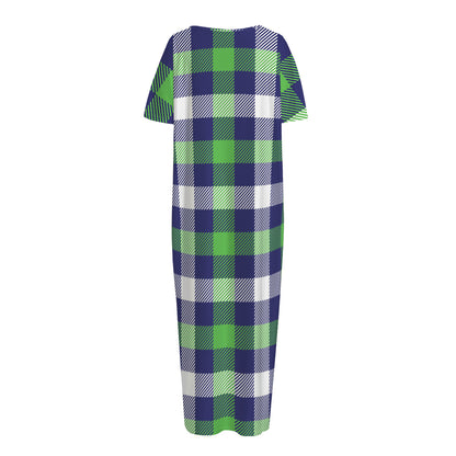 Green Blue And White Buffalo Plaid Print Short Sleeve Long Nightdress