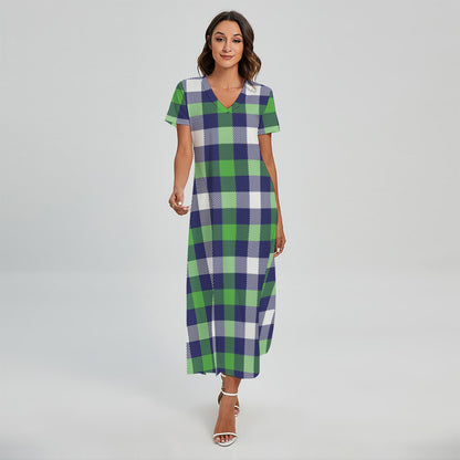 Green Blue And White Buffalo Plaid Print Short Sleeve Maxi Dress