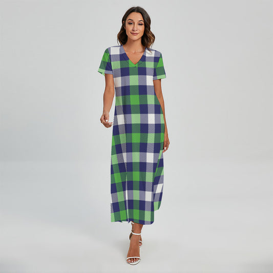 Green Blue And White Buffalo Plaid Print Short Sleeve Maxi Dress