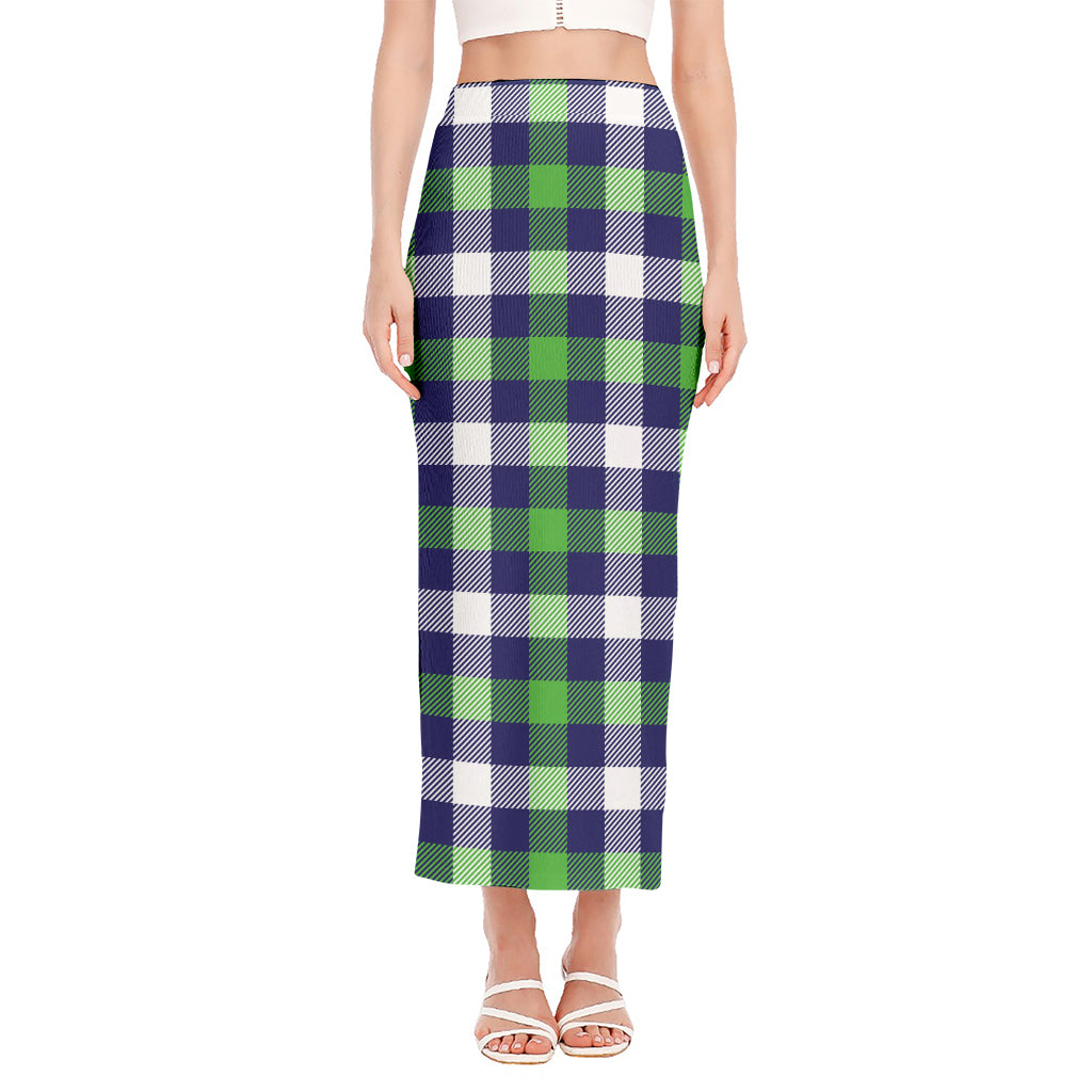Green Blue And White Buffalo Plaid Print Side Slit Maxi Skirt