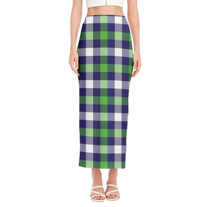 Green Blue And White Buffalo Plaid Print Side Slit Maxi Skirt