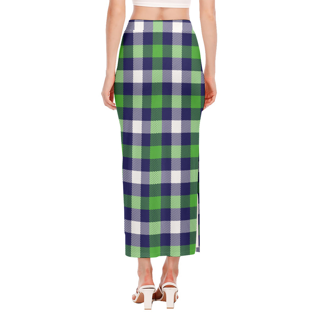 Green Blue And White Buffalo Plaid Print Side Slit Maxi Skirt