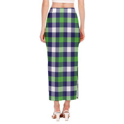 Green Blue And White Buffalo Plaid Print Side Slit Maxi Skirt