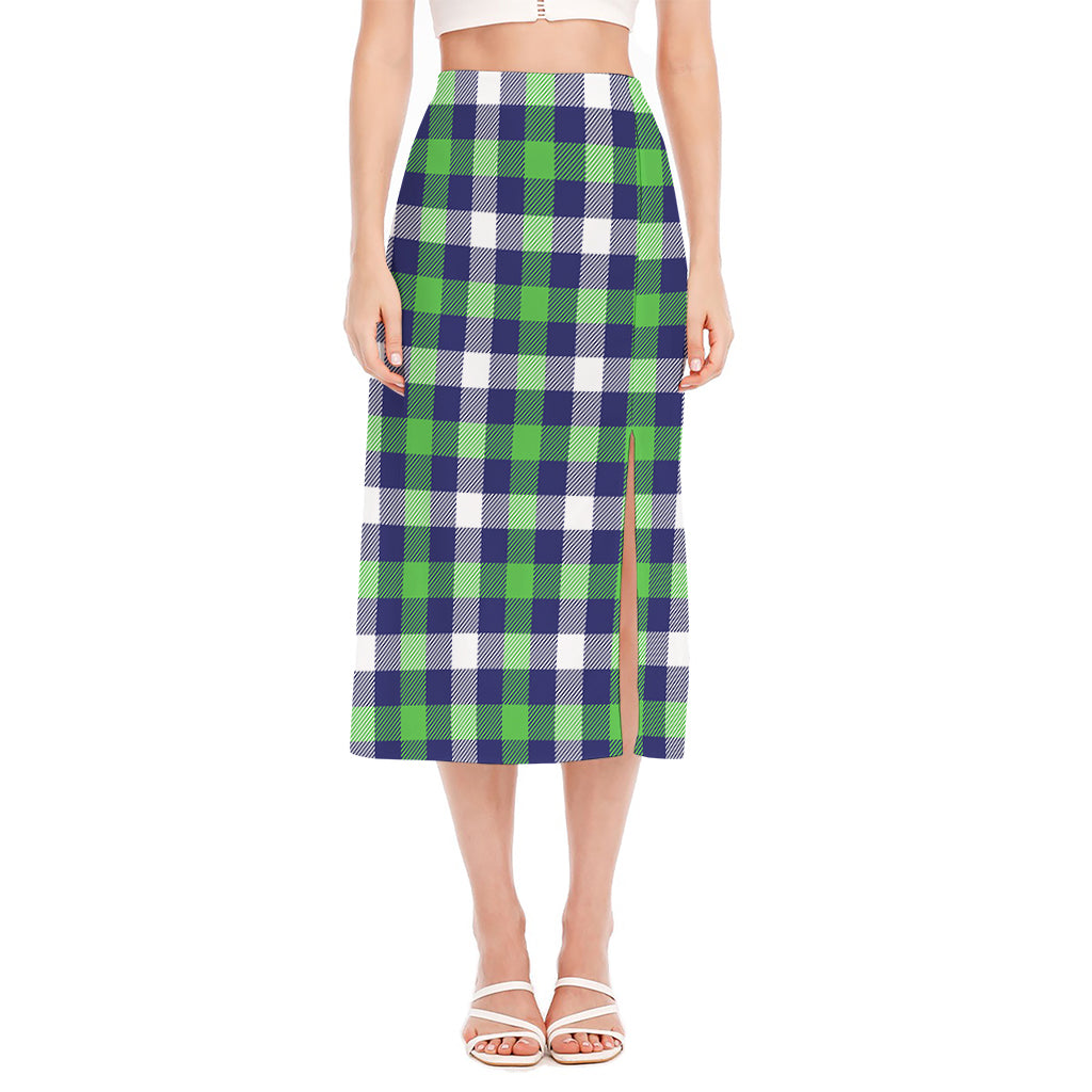 Green Blue And White Buffalo Plaid Print Side Slit Midi Skirt