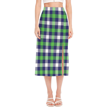 Green Blue And White Buffalo Plaid Print Side Slit Midi Skirt