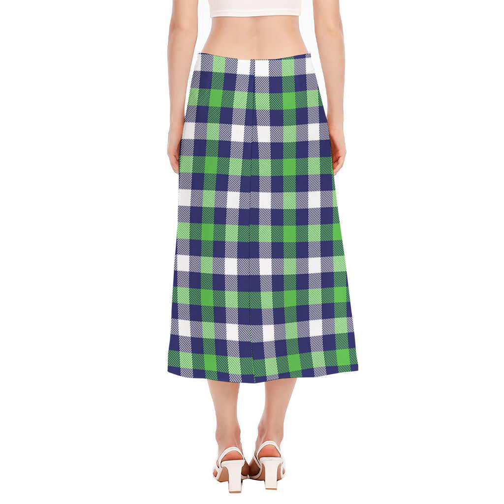 Green Blue And White Buffalo Plaid Print Side Slit Midi Skirt