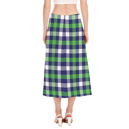 Green Blue And White Buffalo Plaid Print Side Slit Midi Skirt