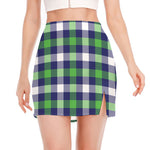Green Blue And White Buffalo Plaid Print Side Slit Mini Skirt