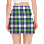 Green Blue And White Buffalo Plaid Print Side Slit Mini Skirt