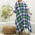 Green Blue And White Buffalo Plaid Print Silk V-Neck Kaftan Dress