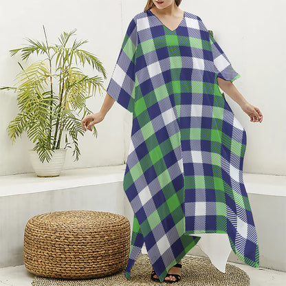 Green Blue And White Buffalo Plaid Print Silk V-Neck Kaftan Dress