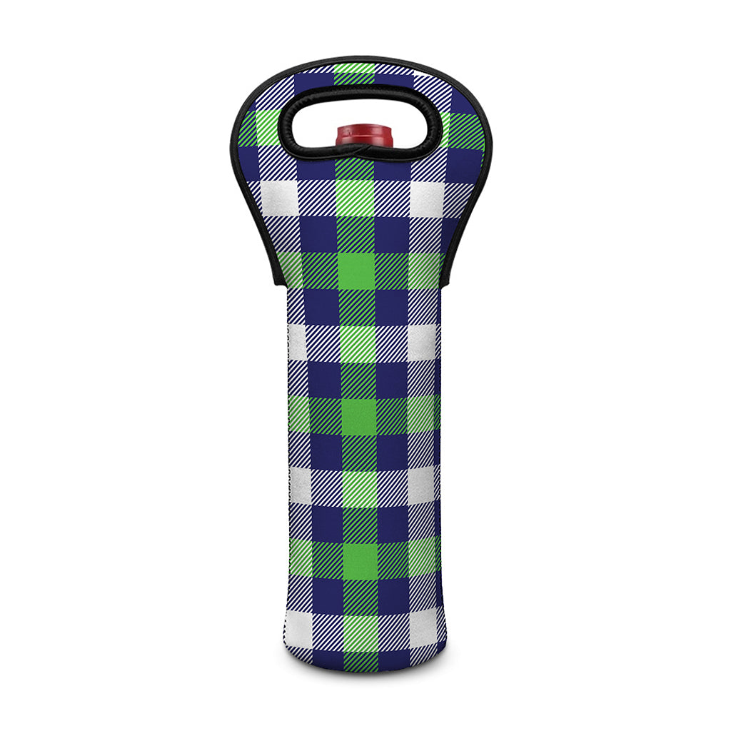 Green Blue And White Buffalo Plaid Print Single Neoprene Wine Tote