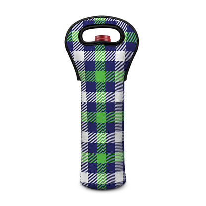 Green Blue And White Buffalo Plaid Print Single Neoprene Wine Tote