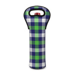 Green Blue And White Buffalo Plaid Print Single Neoprene Wine Tote
