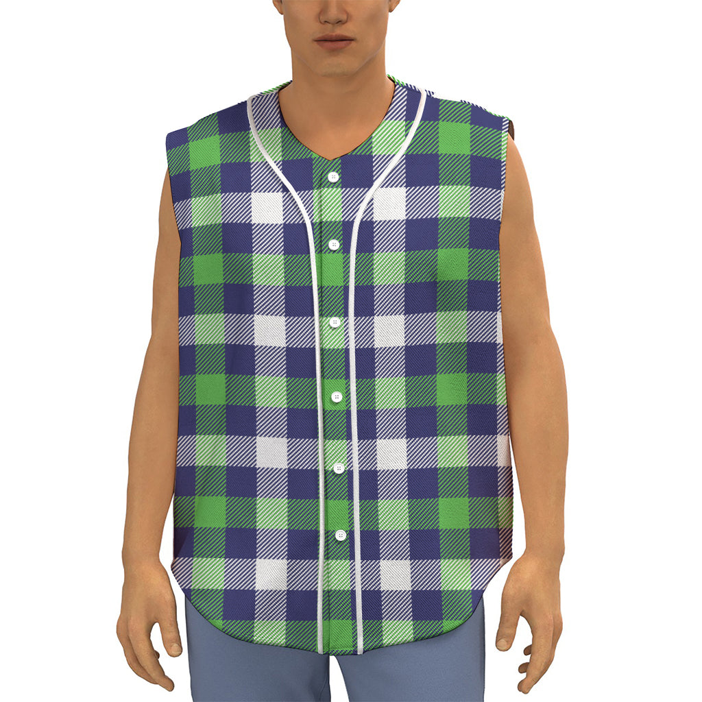 Green Blue And White Buffalo Plaid Print Sleeveless Baseball Jersey